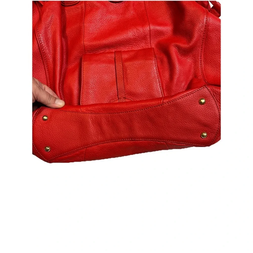 Isaac Mizrahi Live! Red Pebbled Leather Large Tote Hobo Bag Drawstring Gold Feet